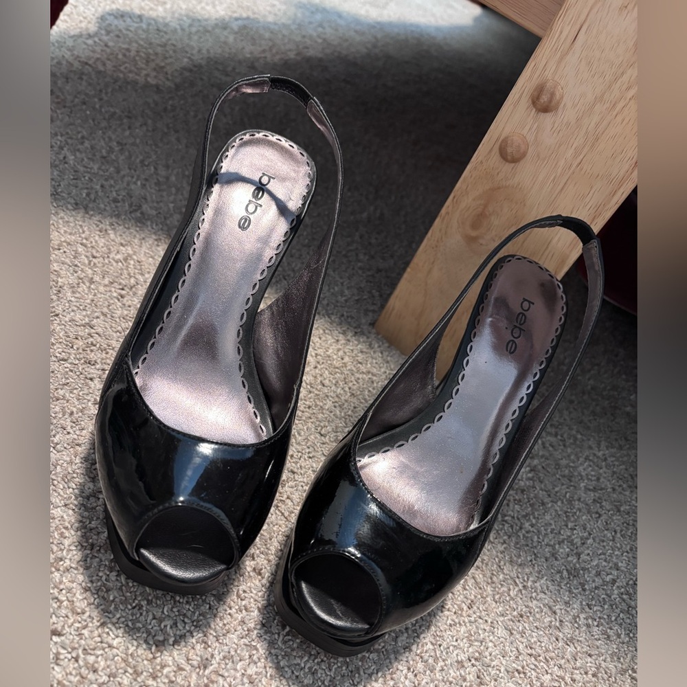 Vintage Bebe Black slingback Peep Toe Women's Shoes 8